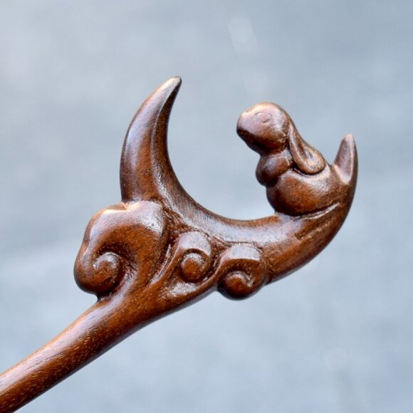 Moon Rabbit Wood Hair Stick - Chinese Hairpin - Picture 1 of 6